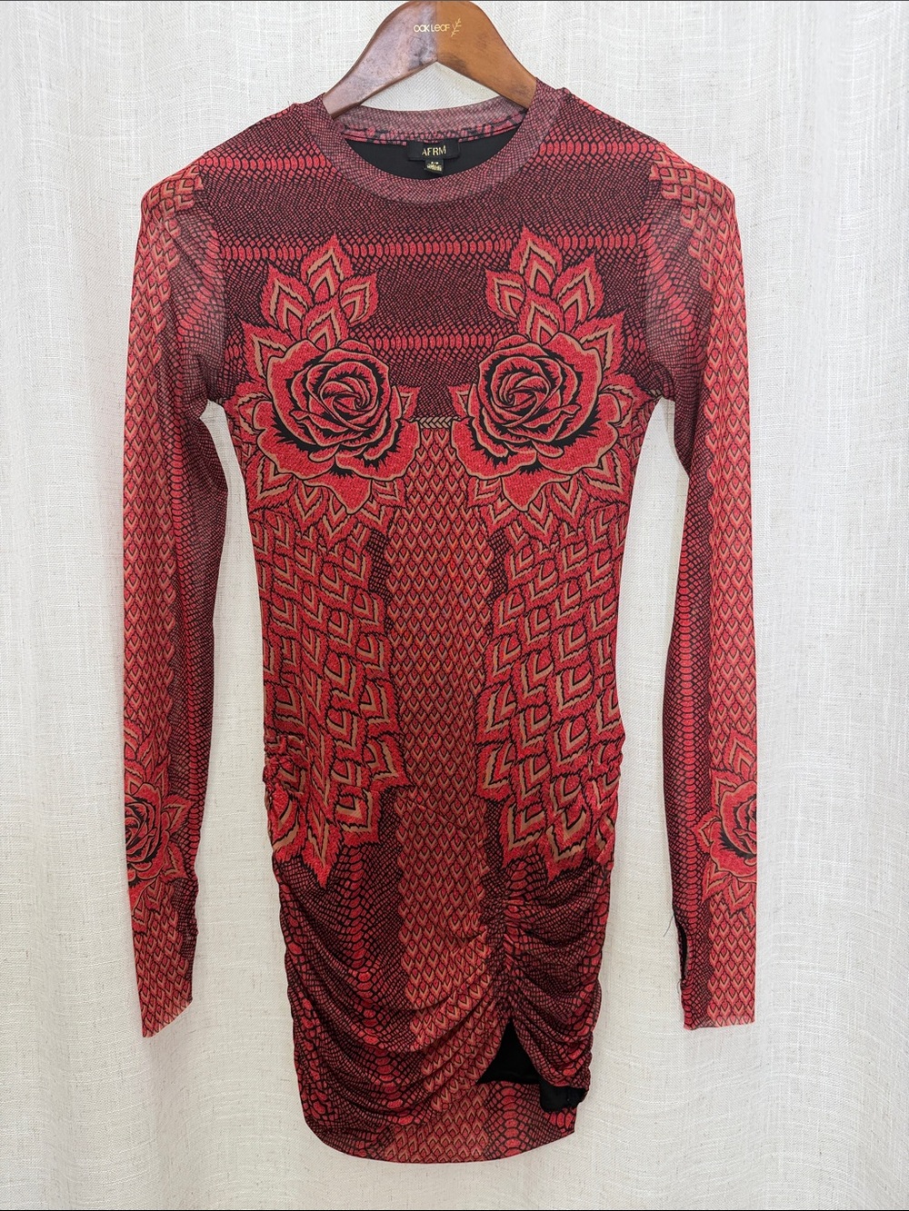 AFRM Red Rose-Embellished Long-Sleeve Bodycon Dress Size Small